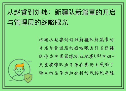 从赵睿到刘炜：新疆队新篇章的开启与管理层的战略眼光