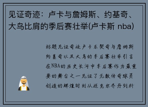 见证奇迹：卢卡与詹姆斯、约基奇、大鸟比肩的季后赛壮举(卢卡斯 nba)