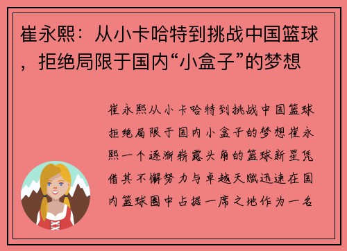 崔永熙：从小卡哈特到挑战中国篮球，拒绝局限于国内“小盒子”的梦想