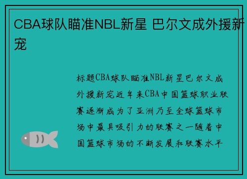 CBA球队瞄准NBL新星 巴尔文成外援新宠