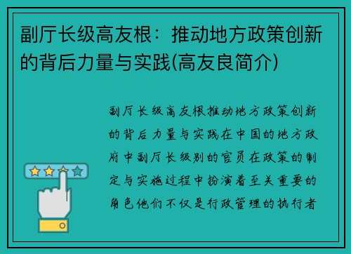 副厅长级高友根：推动地方政策创新的背后力量与实践(高友良简介)