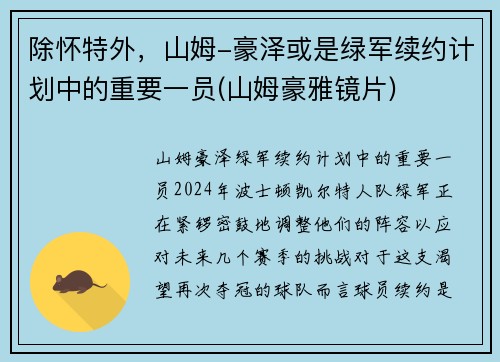 除怀特外，山姆-豪泽或是绿军续约计划中的重要一员(山姆豪雅镜片)