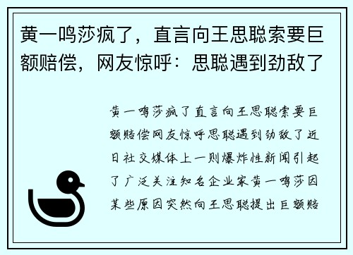 黄一鸣莎疯了，直言向王思聪索要巨额赔偿，网友惊呼：思聪遇到劲敌了！